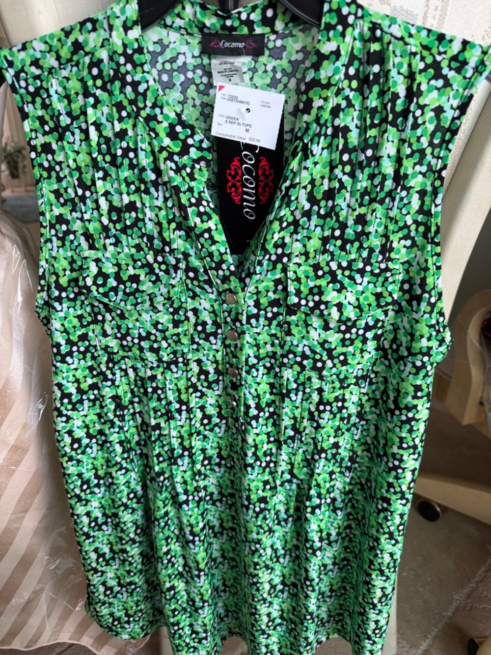 Cocomo Green & Black Dot-Print V-Neck Sleeveless Tunic